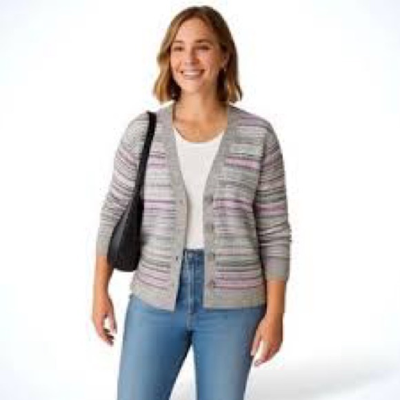 Talbots Fair Isle Button Front Cardigan Womens 3X Gray Purple V-Neck Sweater - Picture 11 of 11